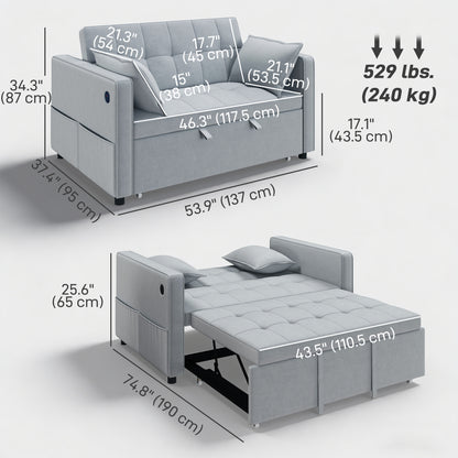3‑in‑1 Double Sofa Bed, Pull Out Sleeper Sofa with USB Charging, Adjustable Backrest, Side Pockets, Light Grey