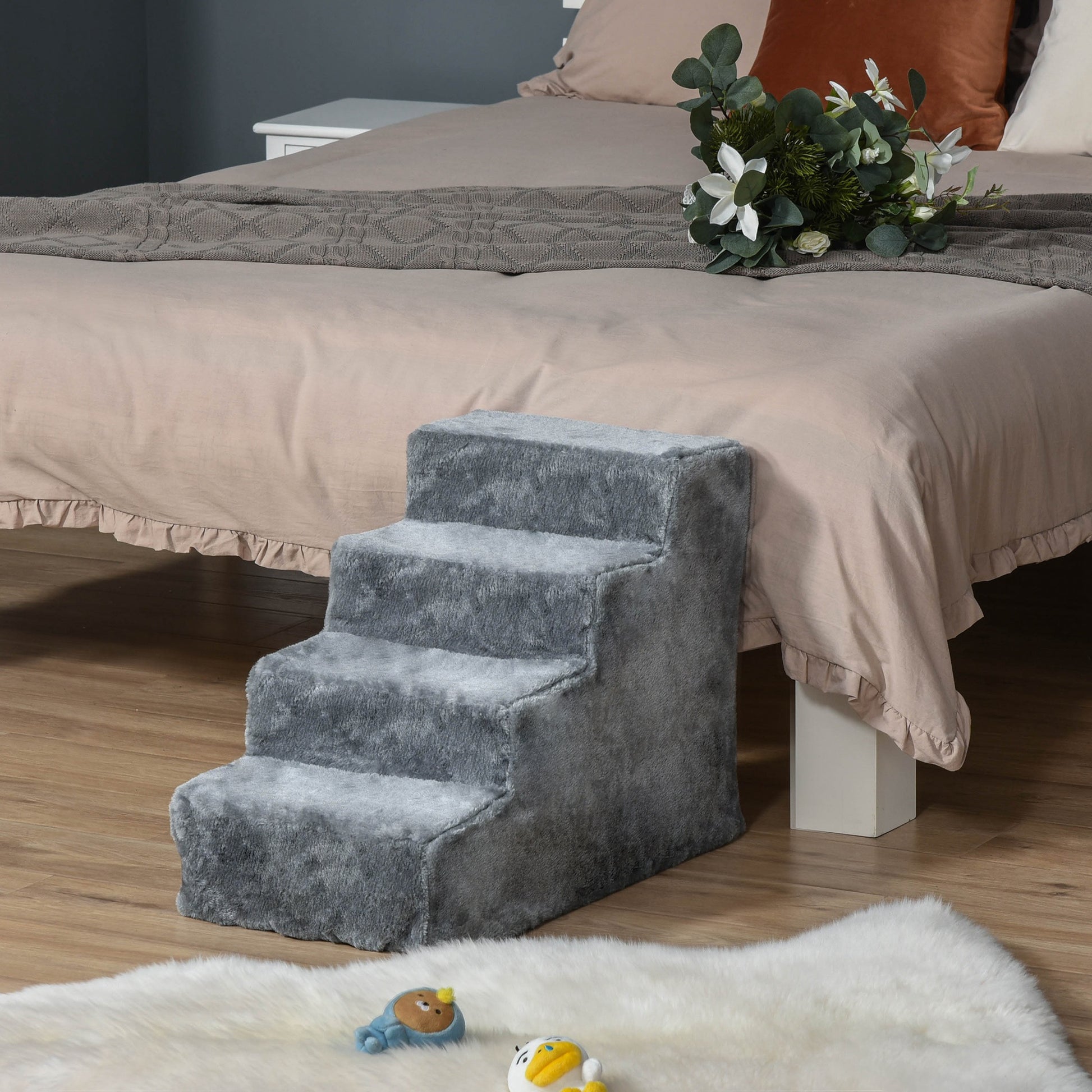4-Step Dog Ramp for Sofa, Bed, and Couch, with Removable Cover, Light Grey