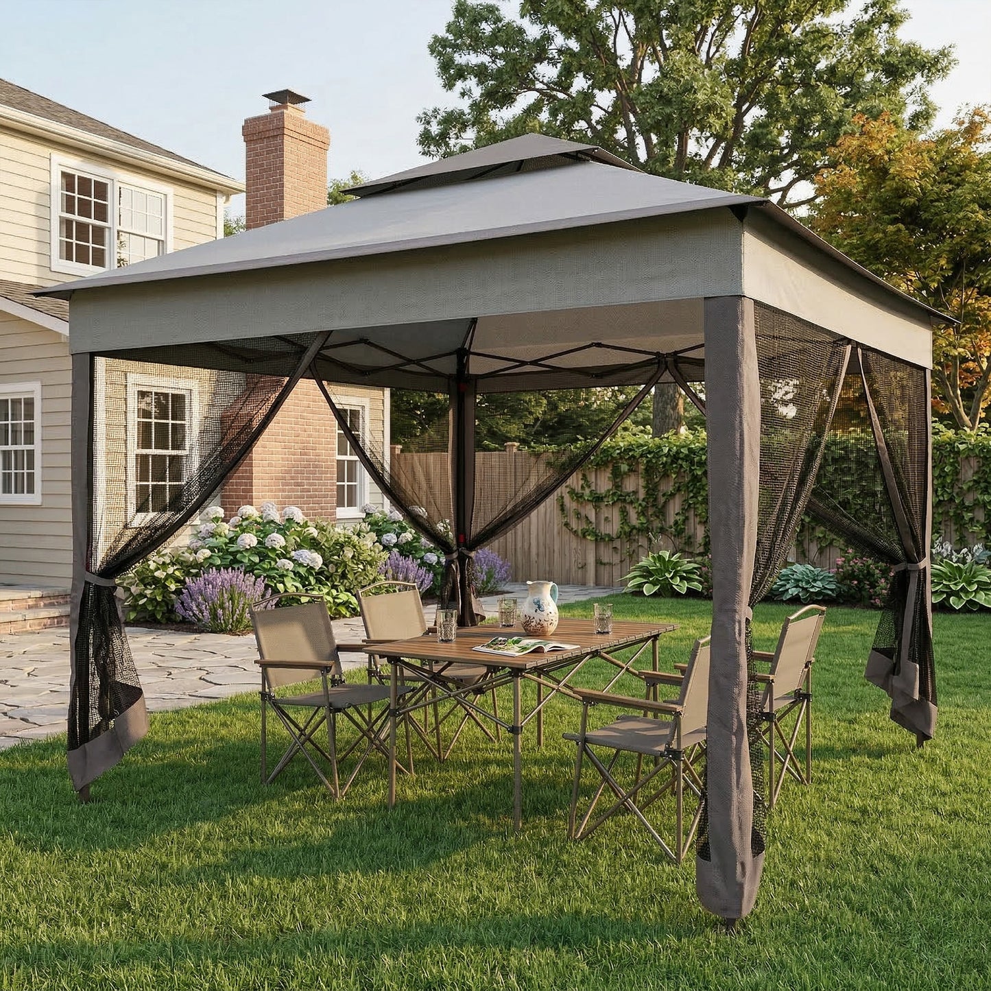 11' x 11' Pop Up Canopy 2-Tier Soft Top Shelter Event Tent w/ Netting Carry Bag for Patio Backyard Garden, Mixed Grey