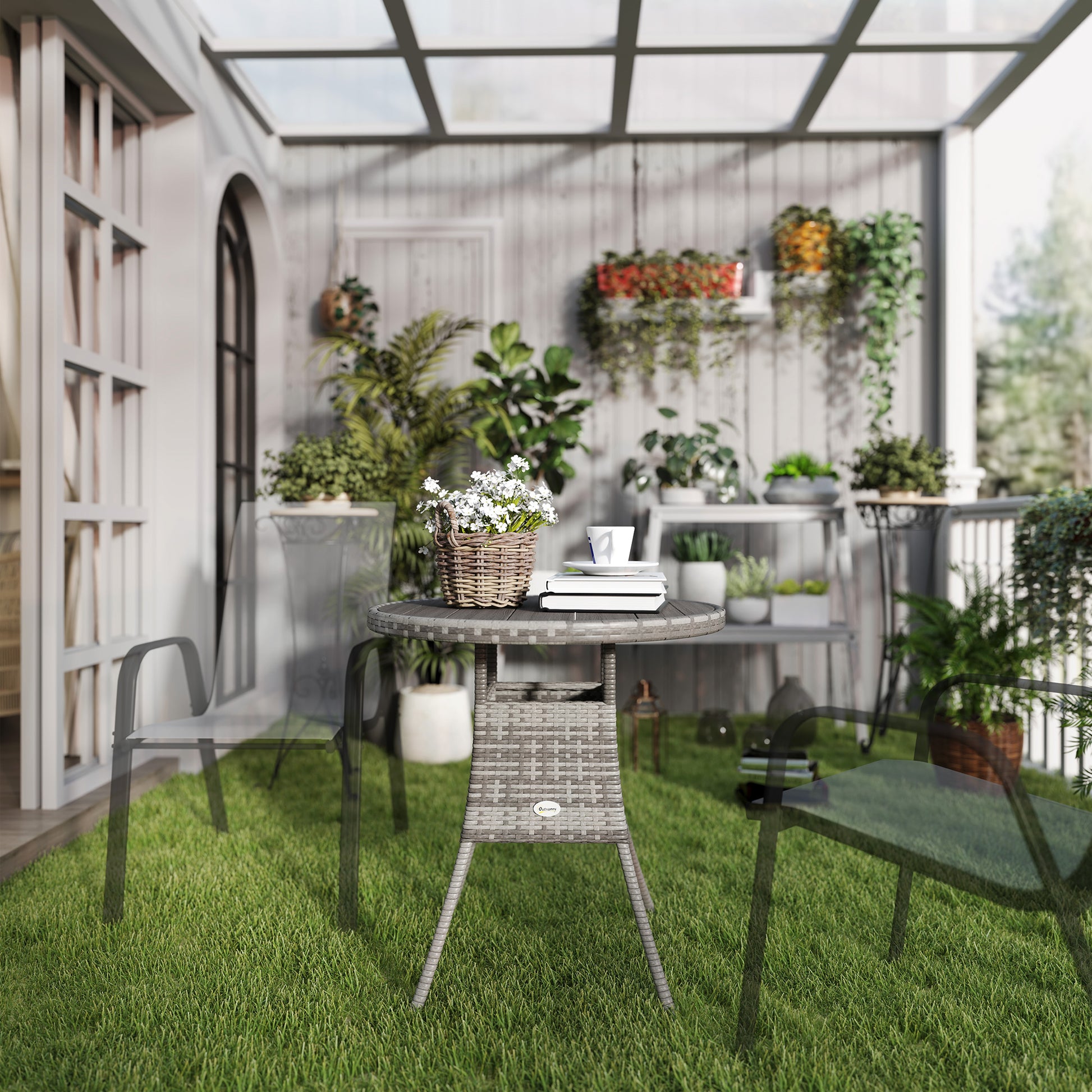 27.5" Outdoor Wicker Dining Table, PE Rattan Patio Furniture with Wood-plastic Composite Top, Grey