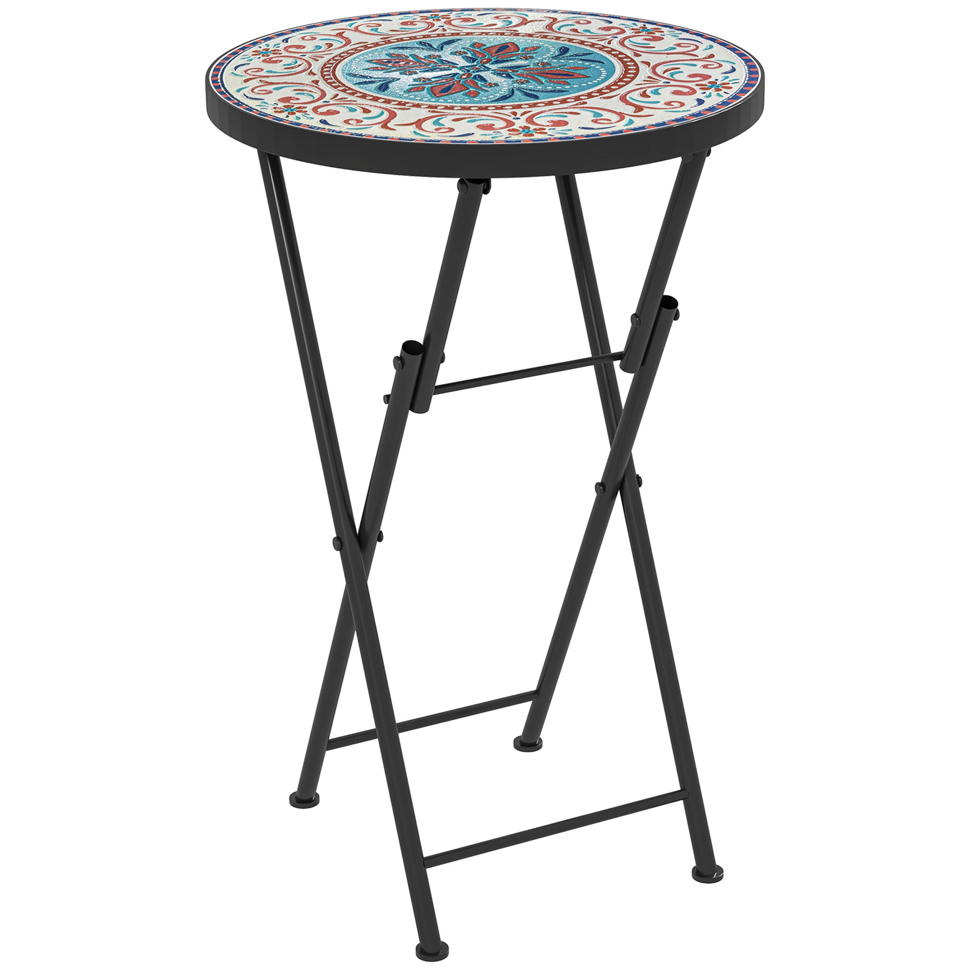 Mosaic Outdoor Patio Side Table, 14" Round Folding Outdoor Coffee Table with Steel Frame for Balcony Deck Patio Terrace, Mixed Colour