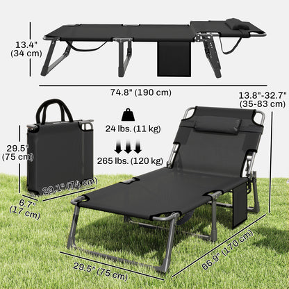 29.5" Wide Folding Chaise Lounge Chair Outdoor Tanning Chair, Camping Cot with Cushion, Side Pocket, Grey/Blue
