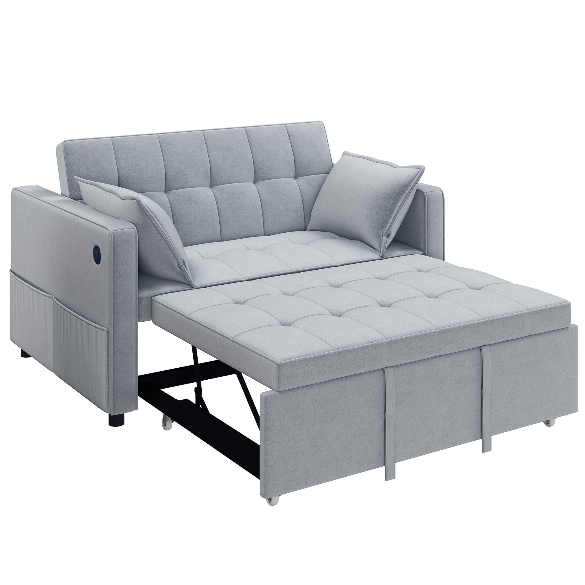 3‑in‑1 Double Sofa Bed, Pull Out Sleeper Sofa with USB Charging, Adjustable Backrest, Side Pockets, Light Grey