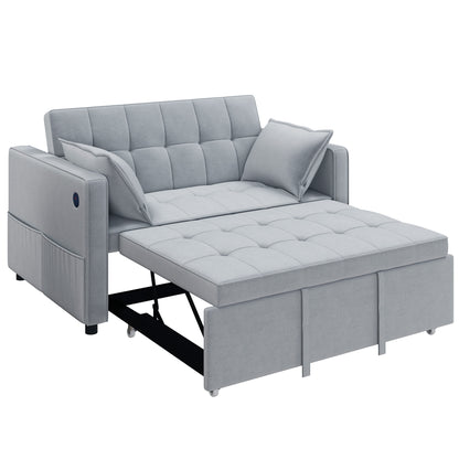 3‑in‑1 Double Sofa Bed, Pull Out Sleeper Sofa with USB Charging, Adjustable Backrest, Side Pockets, Light Grey