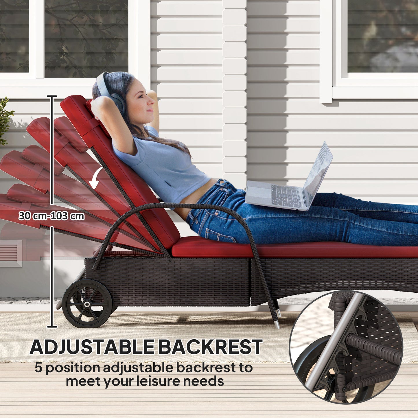 Outdoor Lounger, Deck Lounge Chair with Headrest, 5-Level Adjustable, Backrest, Wheels, Deep Coffee and Wine Red