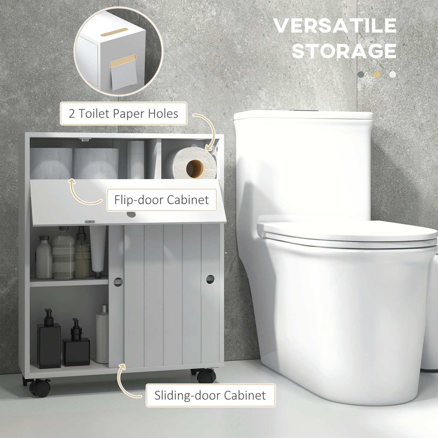 Bathroom Storage Cabinet, Bathroom Cabinet with 4 Rolling Wheels and Paper Holes, 20.5" x 6.75" x 26.5", White