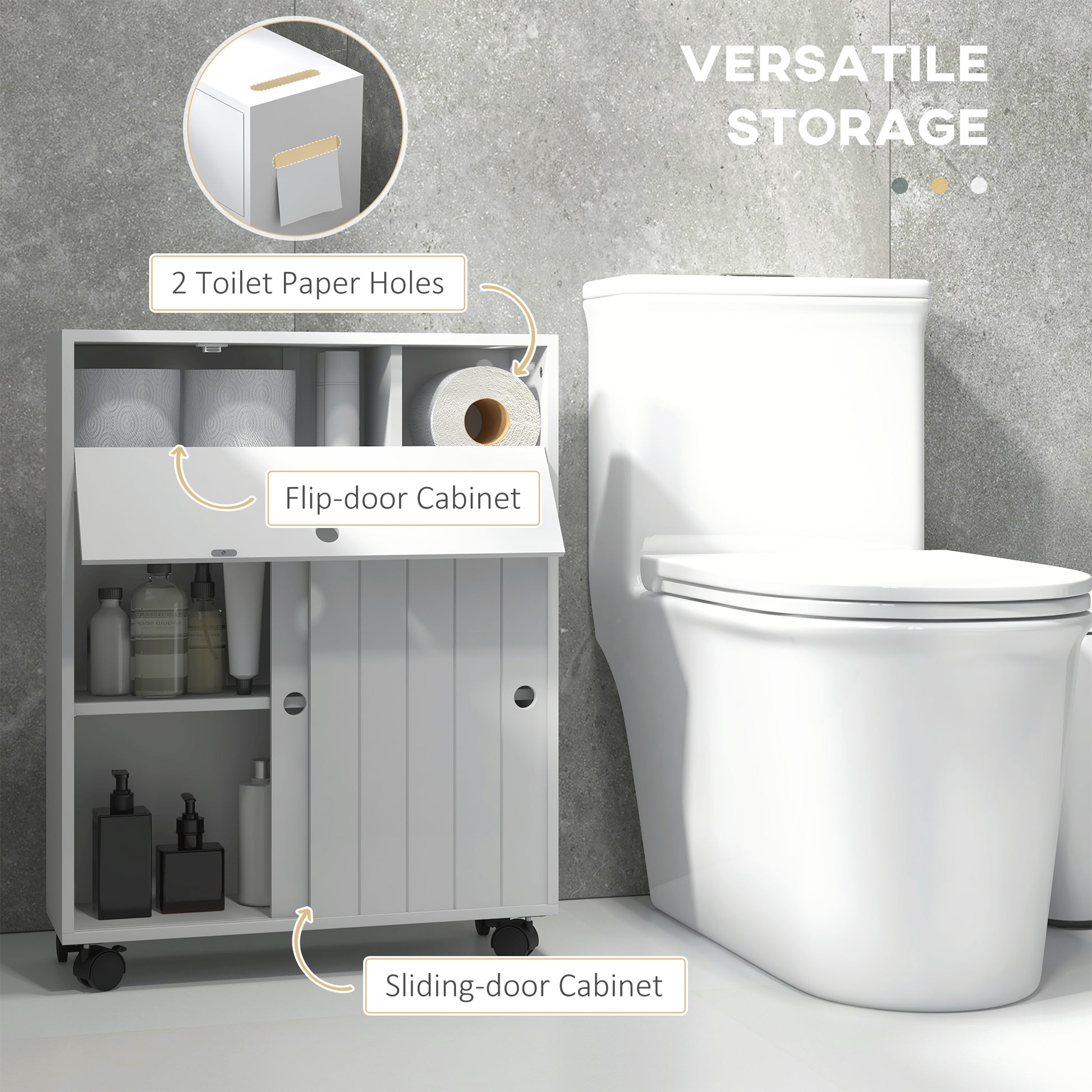 Bathroom Storage Cabinet, Bathroom Cabinet with 4 Rolling Wheels and Paper Holes, 20.5" x 6.75" x 26.5", White