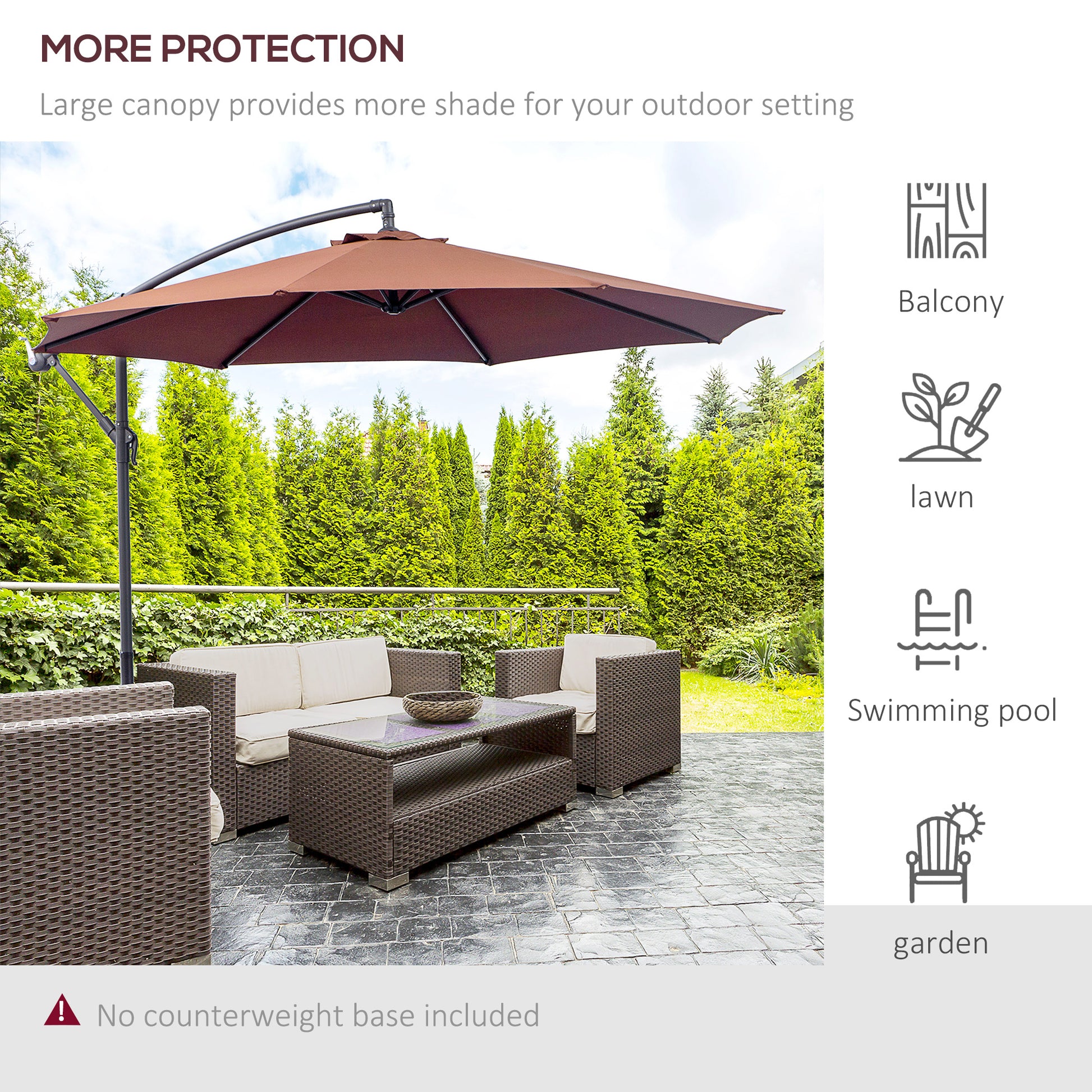10' Deluxe Patio Umbrella, Outdoor Market Parasol, Banana Hanging Offset Sunshade with Crank, Cross Base, Coffee