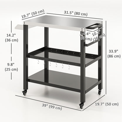 Outdoor Kitchen Bar Cart BBQ Table with Wheels, Stainless Steel Pizza Oven Stand, Movable Prep Table with Hooks