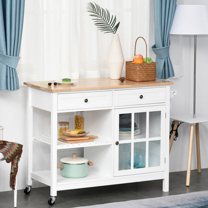 Kitchen Cart on Wheels, Utility Storage Island with Rubber Wood Top, Towel Rack, Cabinets, Drawers, White