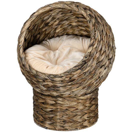 Wicker Cat Bed with Cushion, Stand, for Indoor Cats, Dark Brown