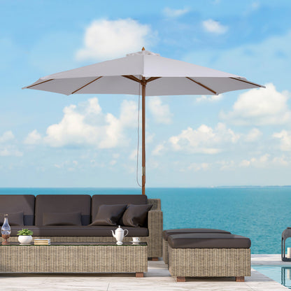 10' x 8' Bamboo Wooden Round Market Patio Sun Umbrella, Garden Parasol, Outdoor Sunshade Canopy, White