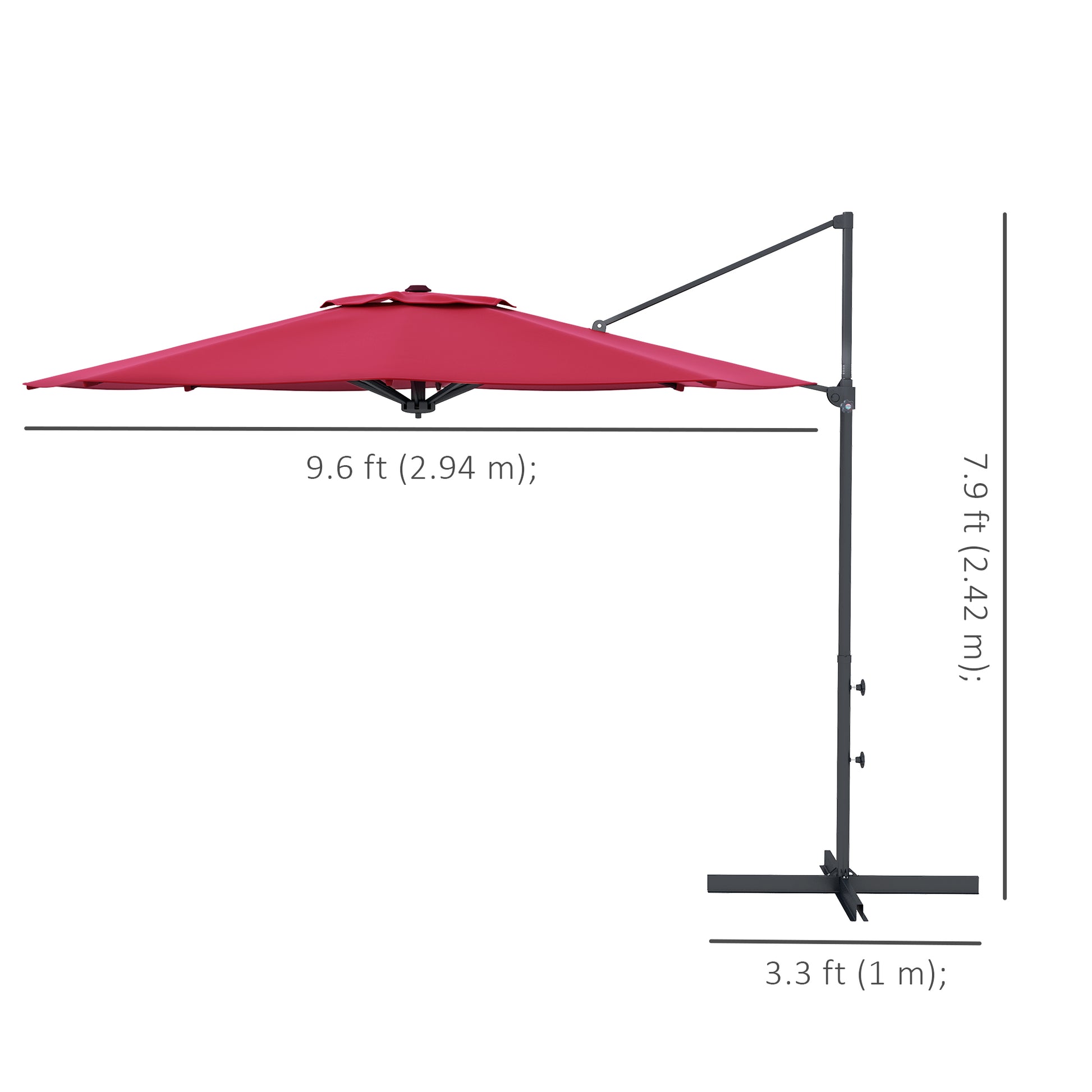 10 FT Cantilever Umbrella, Aluminum Hanging Offset Umbrella with 360°Rotation, Crank, Tilt, Cross Base, Red