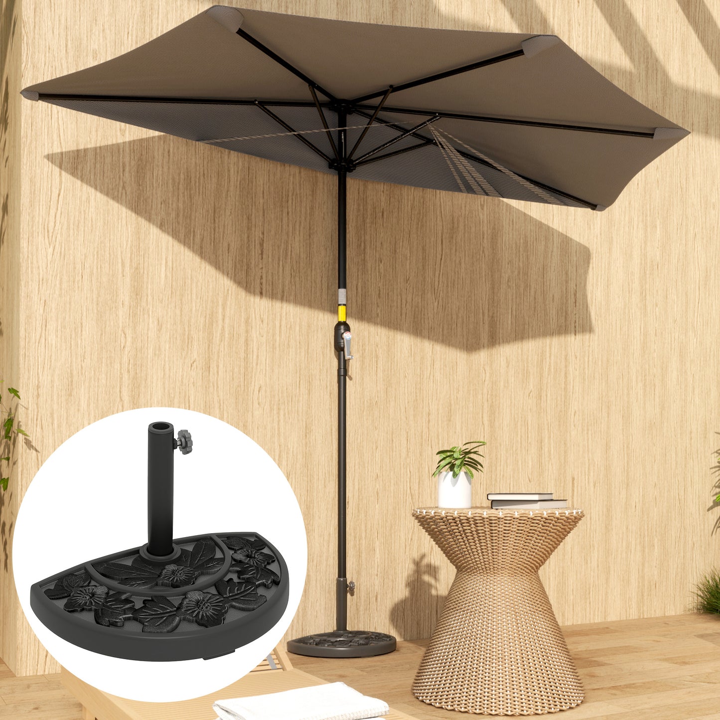 21 lbs Resin Half Umbrella Base, Concrete Half Umbrella Stand Outdoor Umbrella Base with Flower-Leaf Design, Patio Umbrella Stand for Outdoor Lawn Poolside, Black