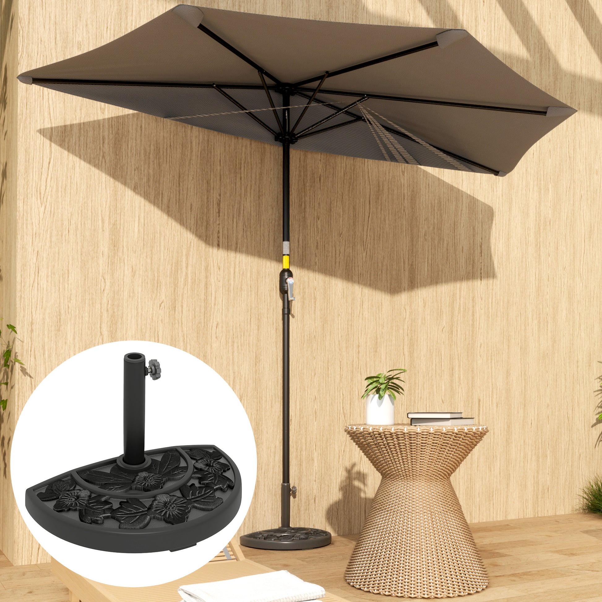 21 lbs Resin Half Umbrella Base, Concrete Half Umbrella Stand Outdoor Umbrella Base with Flower-Leaf Design, Patio Umbrella Stand for Outdoor Lawn Poolside, Black