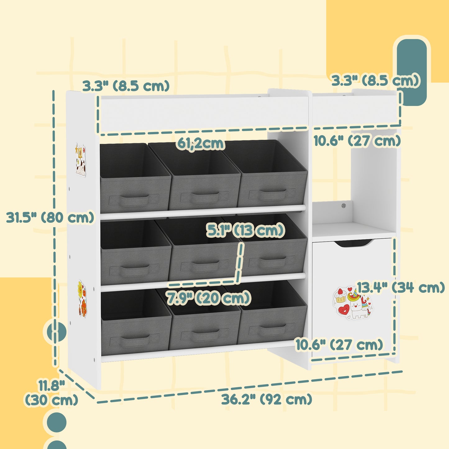 Qaba Toy Storage Organizer with 9 Non-Woven Fabric Boxes, Storage Cabinet & Shelves, for Kids Room, Nursery, Playroom, White