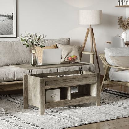 Lift Top Coffee Table with Hidden Storage Compartment and Open Shelves, Lift Tabletop Pop-Up Center Table for Living Room, Oak Effect