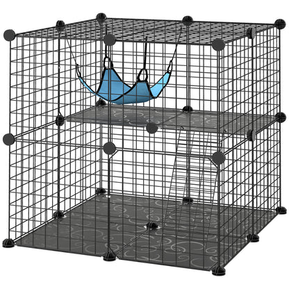 2 Tier Cat Cage Crate, DIY Pet Playpen with 2 Doors, Ladder, Hammock, Perch, Indoor Playpen for Kittens, Black