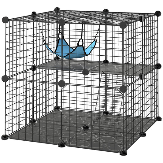 2 Tier Cat Cage Crate, DIY Pet Playpen with 2 Doors, Ladder, Hammock, Perch, Indoor Playpen for Kittens, Black