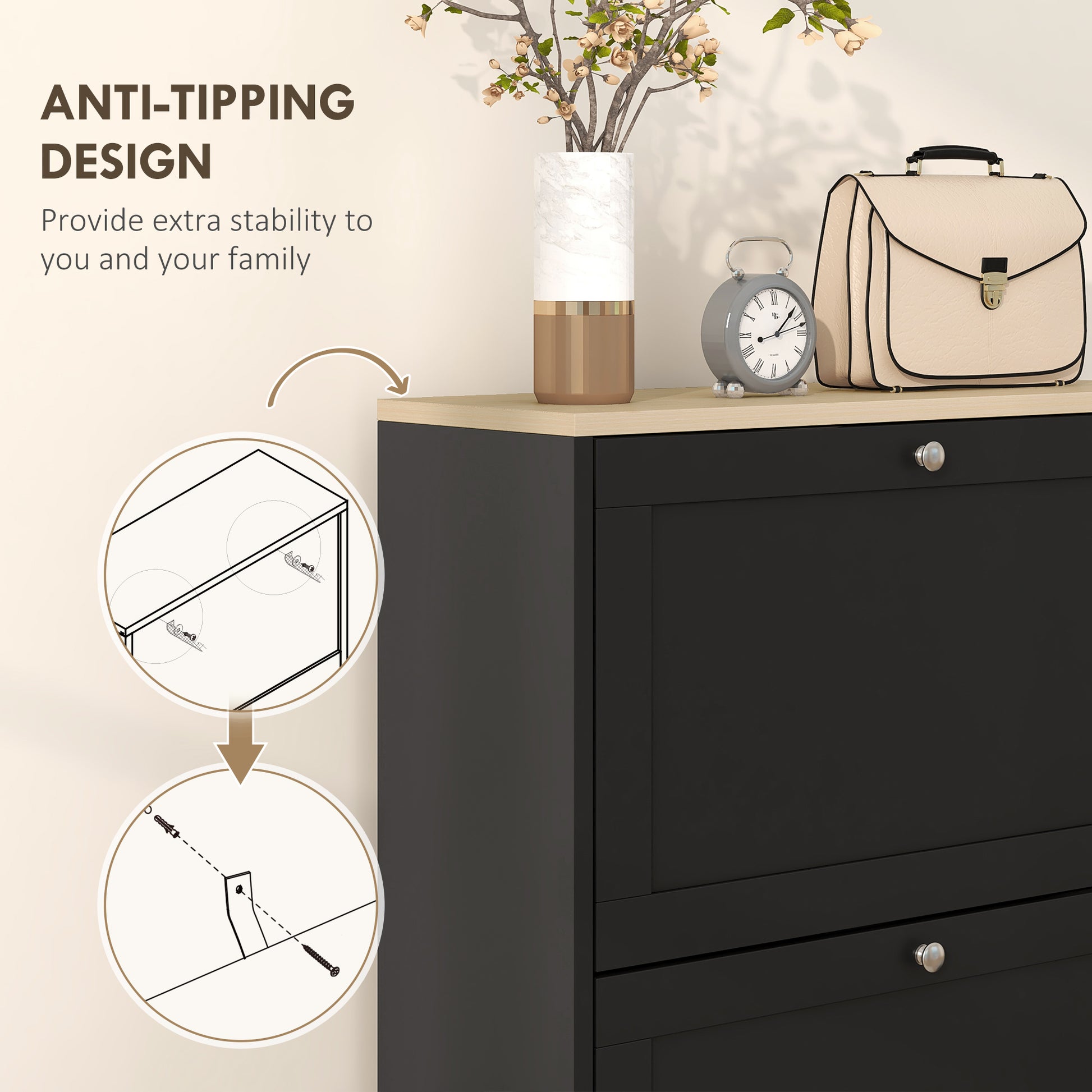 Modern Shoe Storage with 3 Flip Drawers and Adjustable Shelves, Shoe Cabinet Organizer for 12-18 Pairs of Shoes, Black