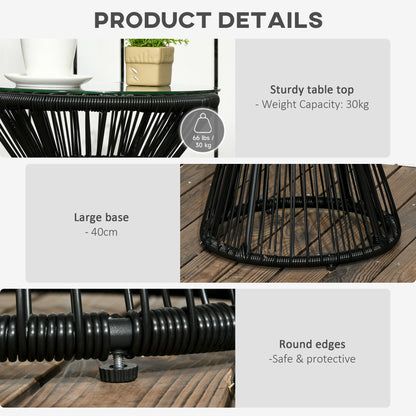 Round End Table, Rattan Side Table, Hollow Drum Design Coffee Table w/ Glass Tabletop for Patio, Garden, Balcony, Black