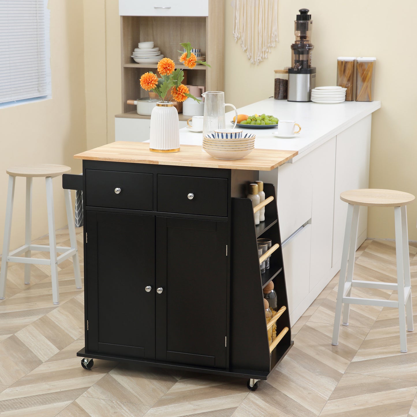 Rolling Kitchen Island Trolley Storage Cart with Rubber Wood Top, 3-Tier Spice Rack, Towel Rack Home Kitchen Carts, Black