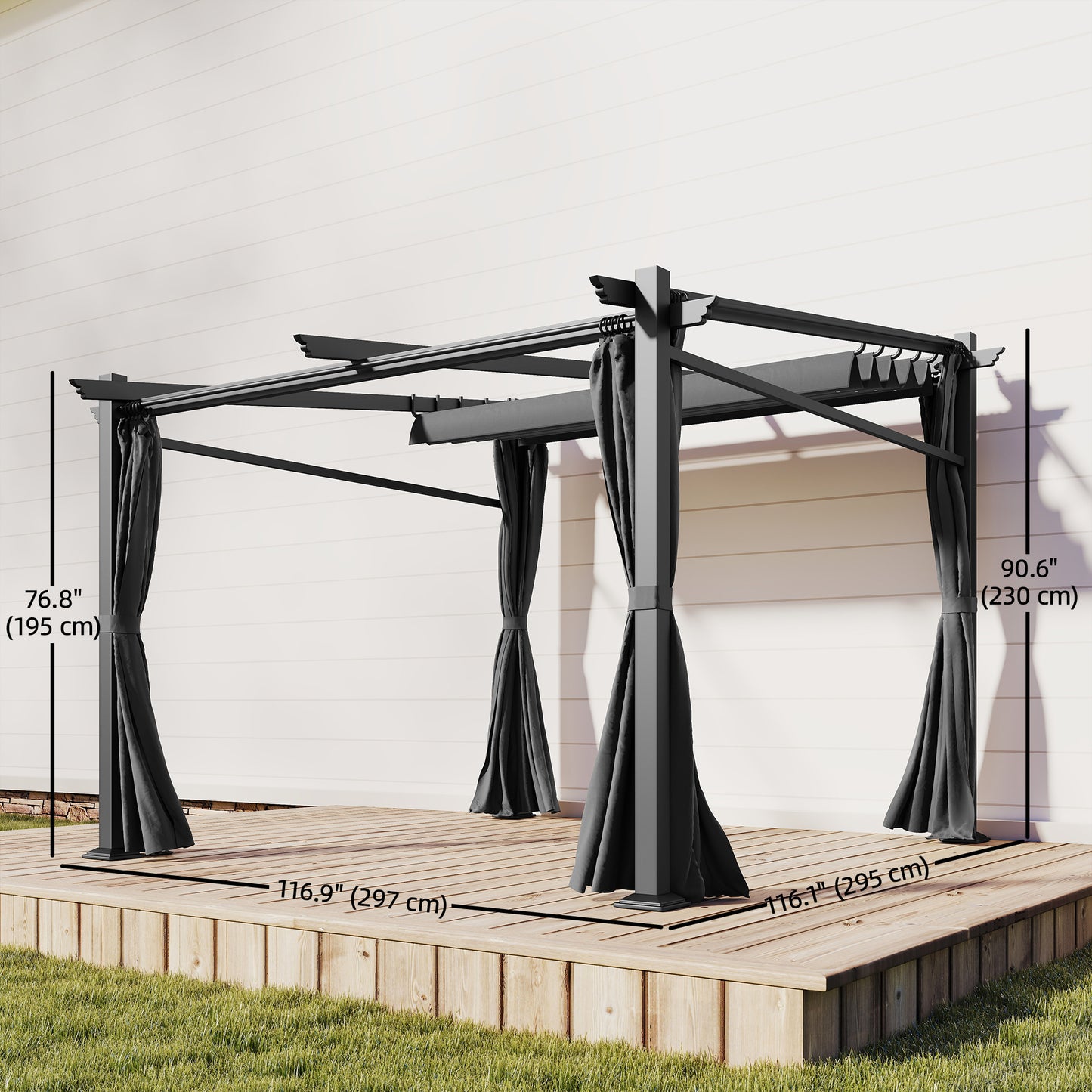 Metal Pergola with Sliding Roof Canopy, Retractable Pergola Canopy, 10' x 10', Black