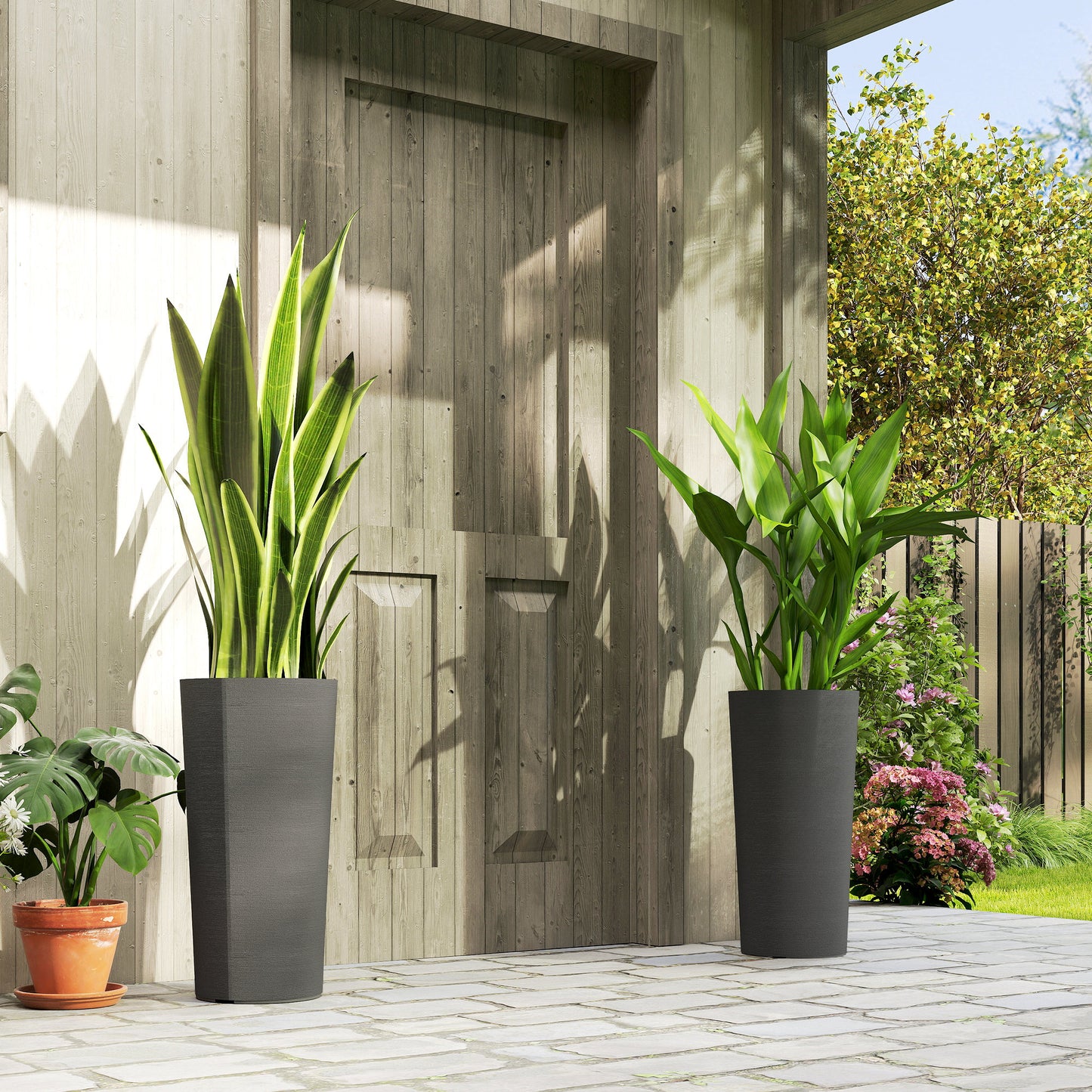24" Tall Planters Set of 2, Indoor Outdoor Plastic Flower Pots with Inner Bucket and Drainage Holes, Dark Gray