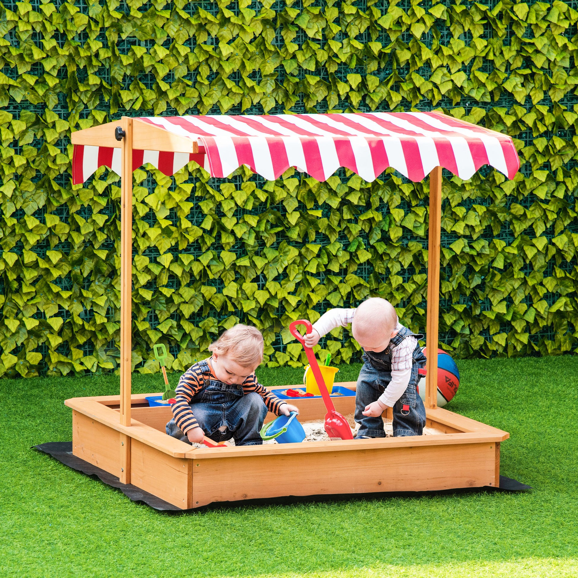 Kids Wooden Sandbox, Children Play Sand Station Outdoor with Adjustable Height Cover Lid, Bottom Liner, Seat, Plastic Basins, for 3-7 Years Old Boys and Girls