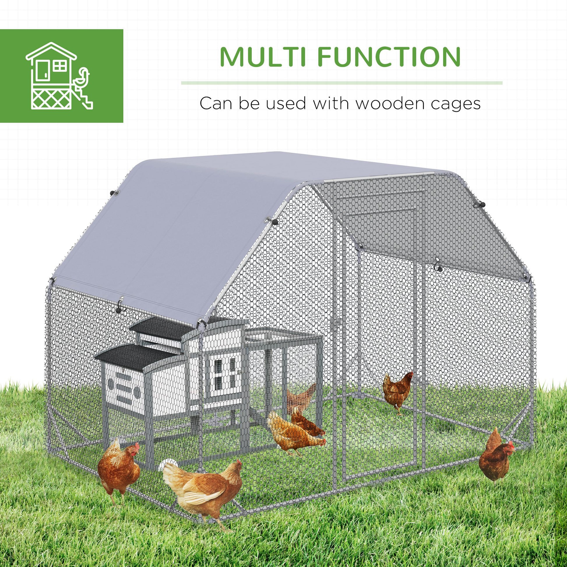 Chicken Run, Galvanized Large Metal Chicken Coop Cage, Walk-in Enclosure Poultry Hen Run House Playpen Rabbit Hutch with Flat Roof, Cover, 9.2' x 6.2' x 6.5', Silver