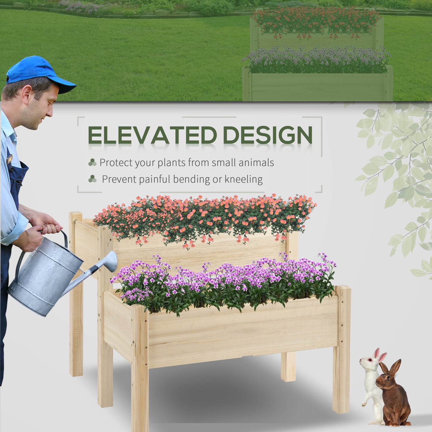 34"x34"x28" 2-Tier Raised Garden Bed Wooden Planter Box for Backyard, Patio to Grow Vegetables, Herbs, and Flowers