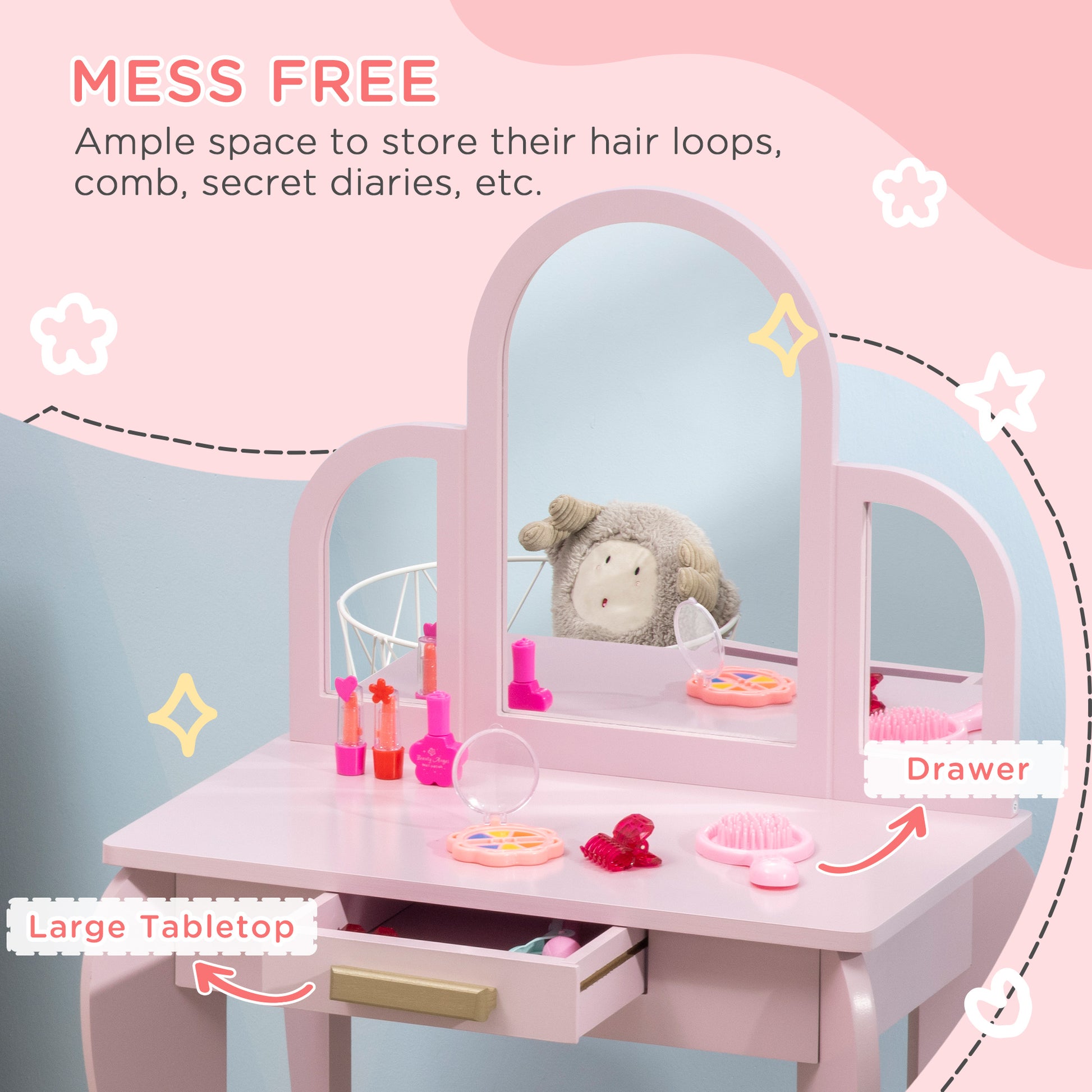 Qaba Kids Dressing Table and Chair Set, Girls Dressing Set, Makeup Desk with Drawer for 3-6 Years Old Kids, Pink