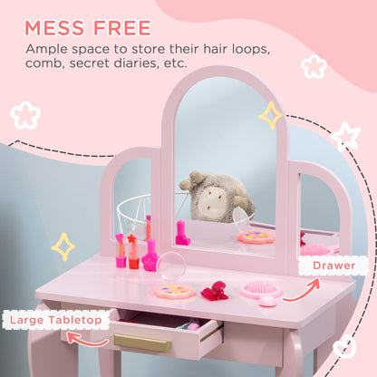 Qaba Kids Dressing Table and Chair Set, Girls Dressing Set, Makeup Desk with Drawer for 3-6 Years Old Kids, Pink