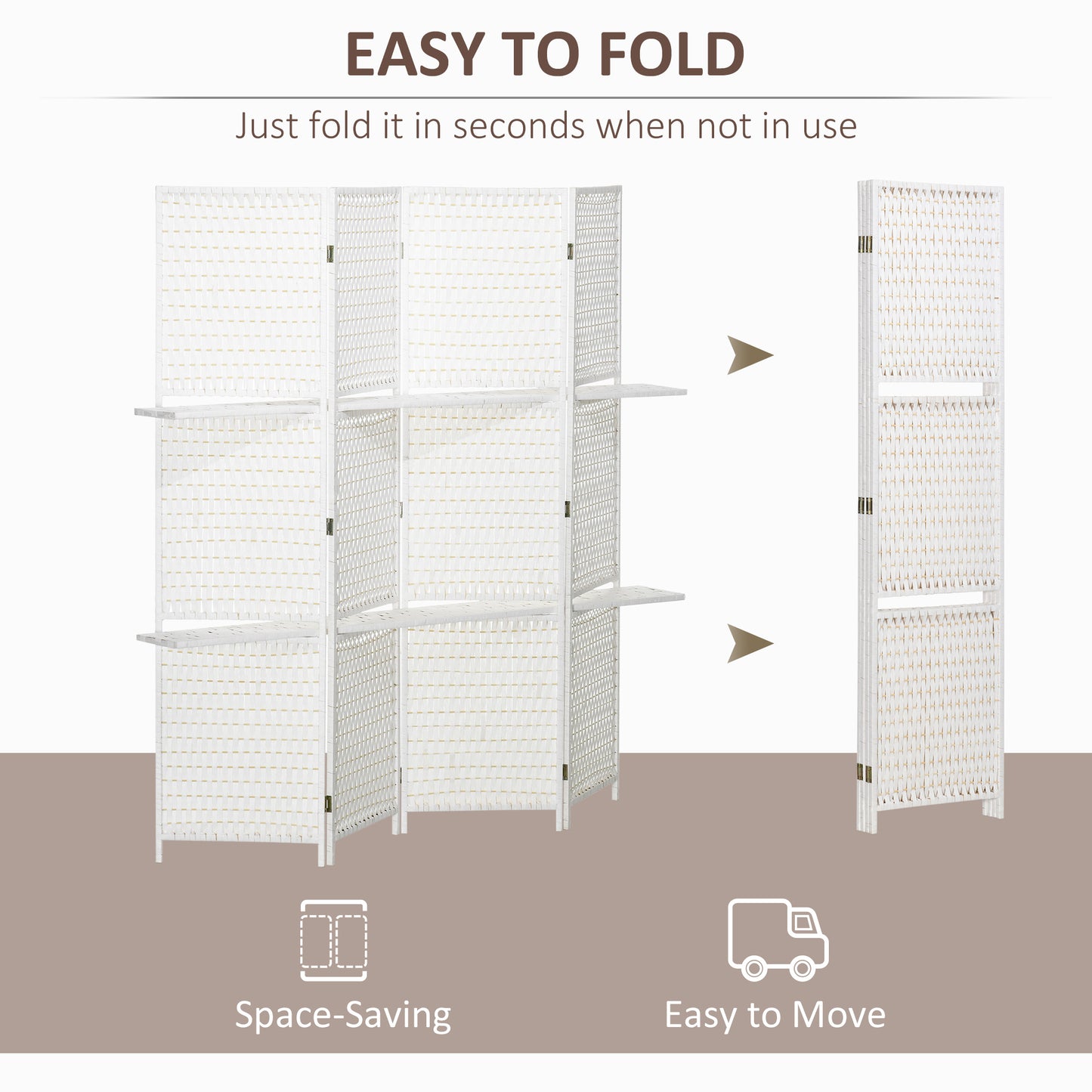 4 Panel Room Divider with Shelves, 6 FT Freestanding Folding Privacy Screen, Partition Wall Divider for Bedroom, White
