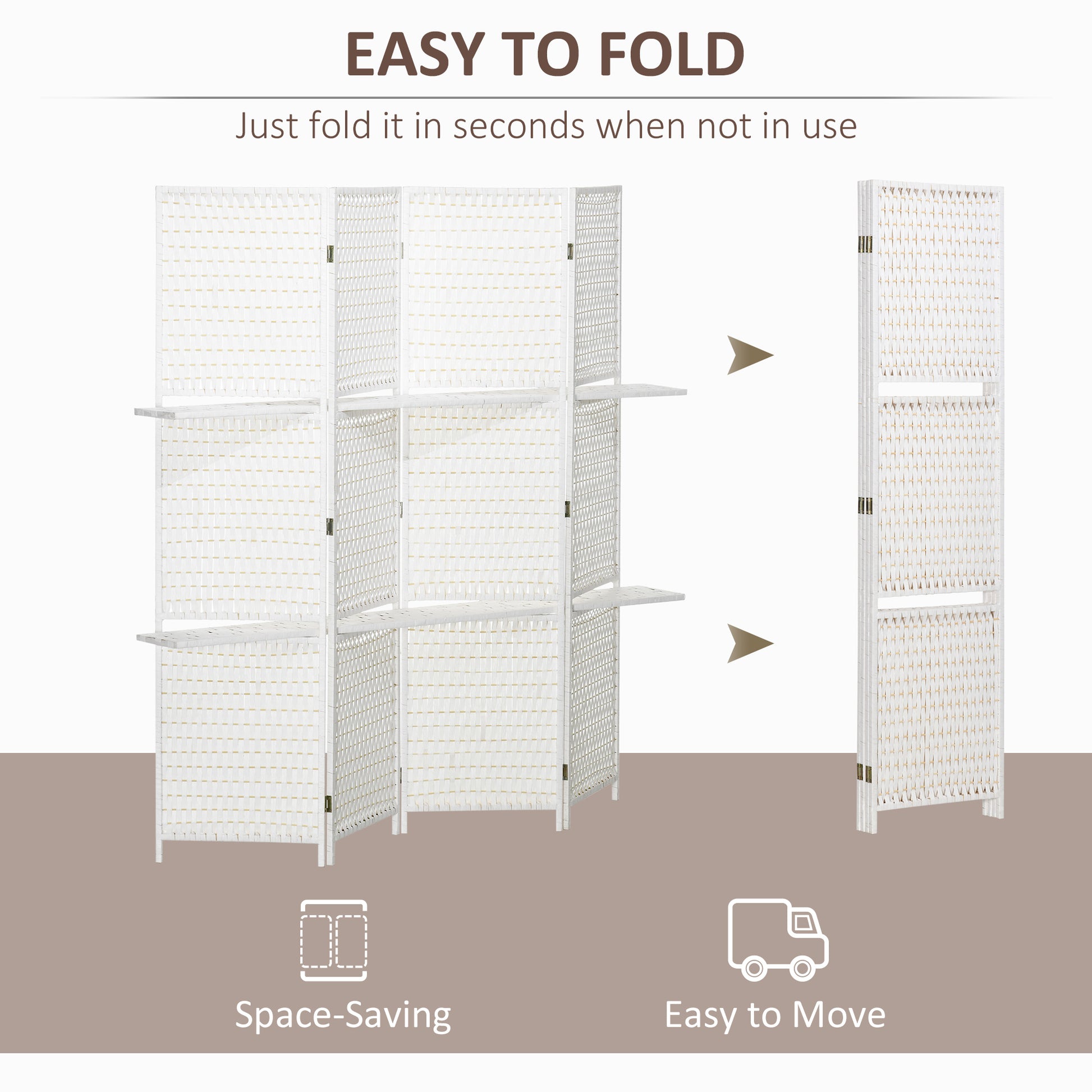 4 Panel Room Divider with Shelves, 6 FT Freestanding Folding Privacy Screen, Partition Wall Divider for Bedroom, White