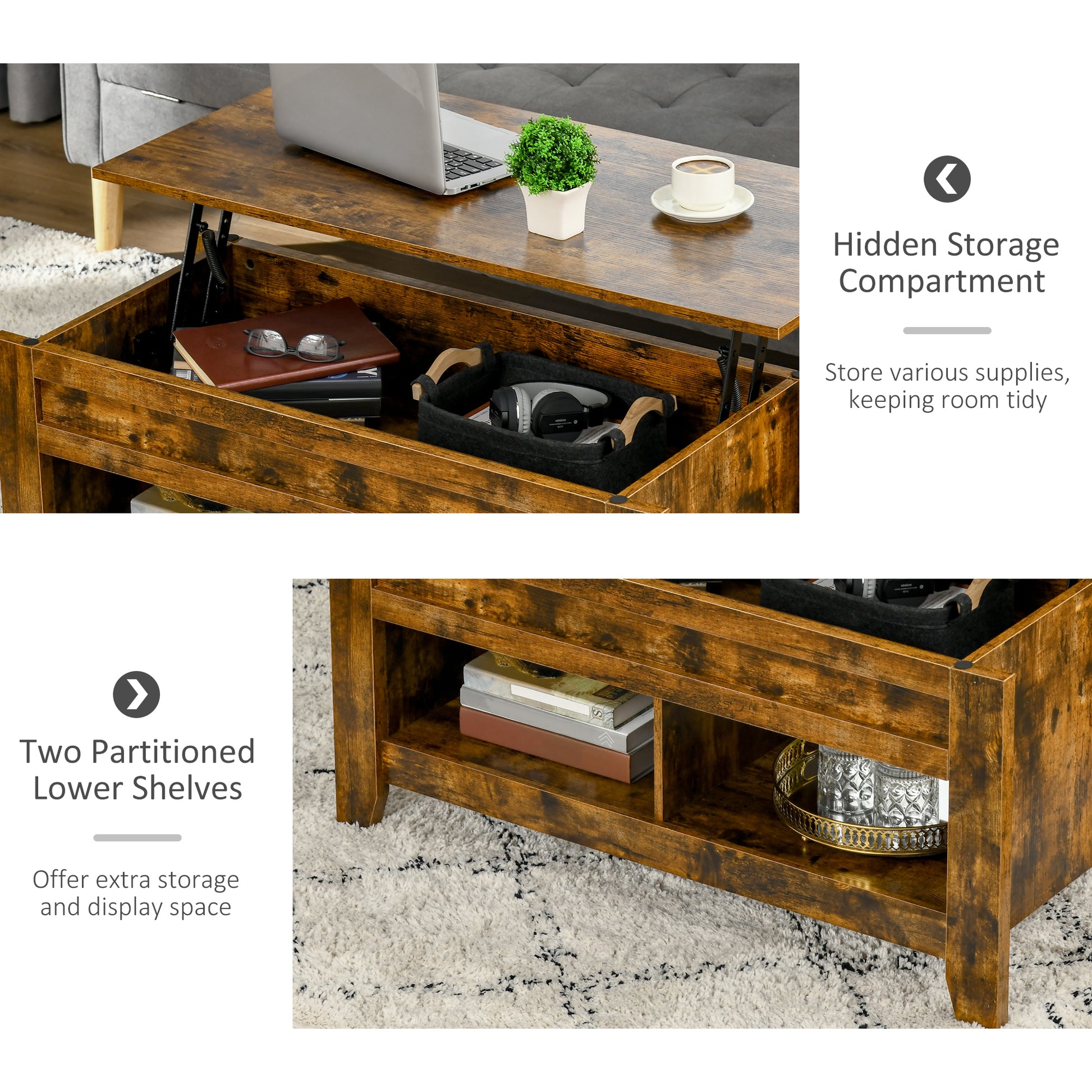 Lift Top Coffee Table with Hidden Storage Compartment and Open Shelves, Lift Tabletop Pop-Up Center Table for Living Room, Brown
