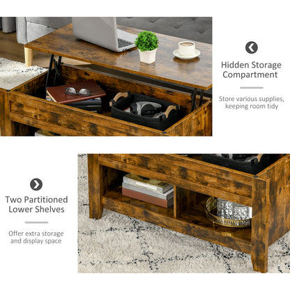 Lift Top Coffee Table with Hidden Storage Compartment and Open Shelves, Lift Tabletop Pop-Up Center Table for Living Room, Brown