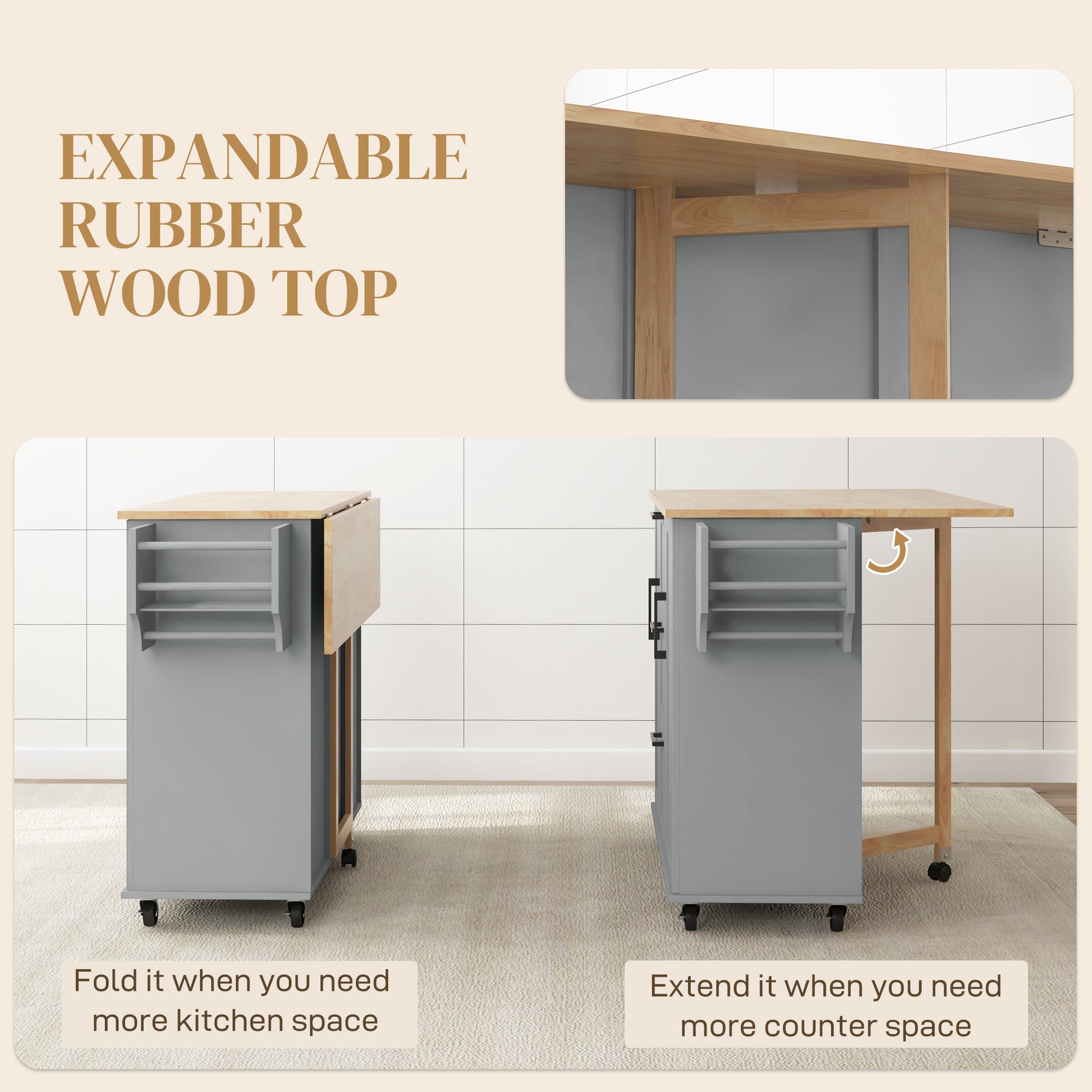 Rolling Kitchen Cart on Wheels with Drop Leaf, Kitchen Island with 3 Drawers, Solid Wood Top and Towel Rack, Grey