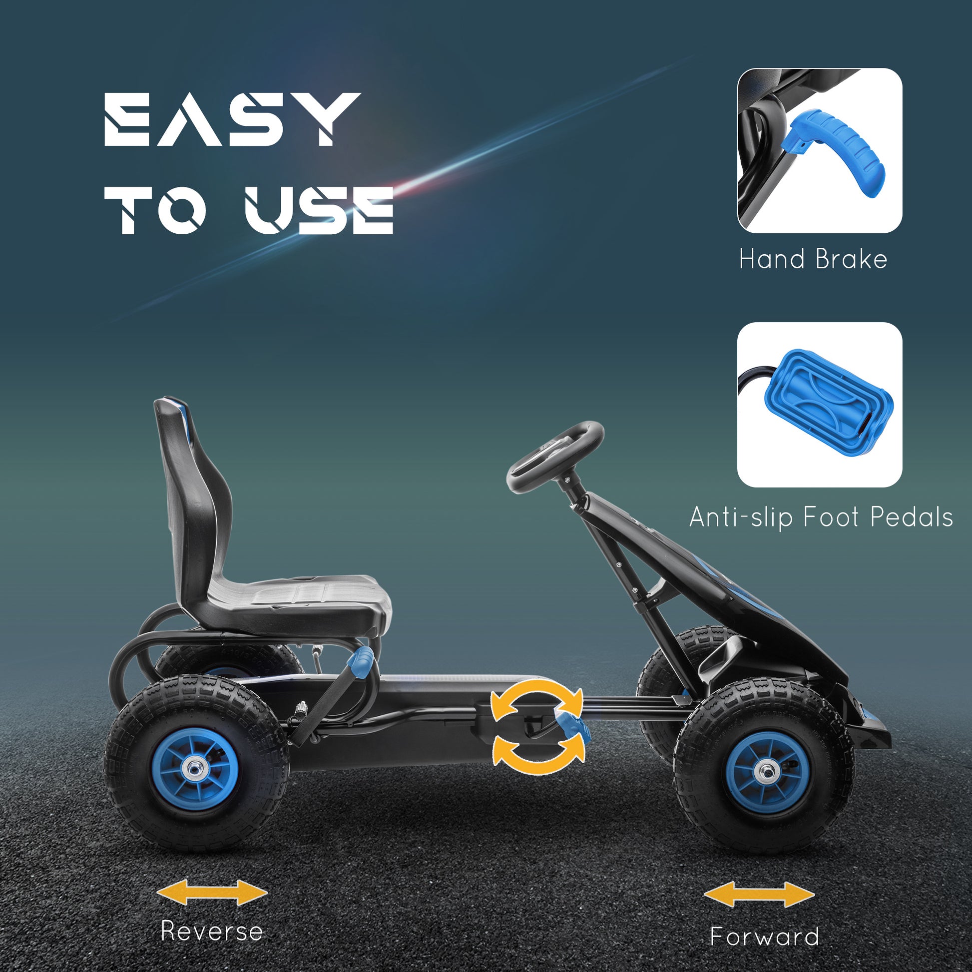Aosom Kids Pedal Go Kart, Ride On Toys for Boys Girls with Ergonomic Adjustable Seat, Rubber Wheels Shock Absorb, Safety Hand Brake, Ages 5-12 Years Old, Blue