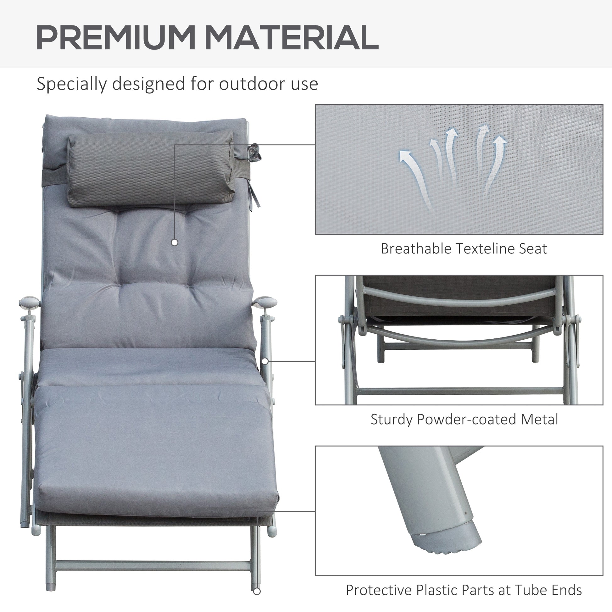 Lounge Chair Outdoor, Folding Patio Chaise Lounger, 360 lbs 7-Position Adjustable Back Outdoor Recliner with Cushion, Headrest for Garden, Backyard, Poolside, Grey