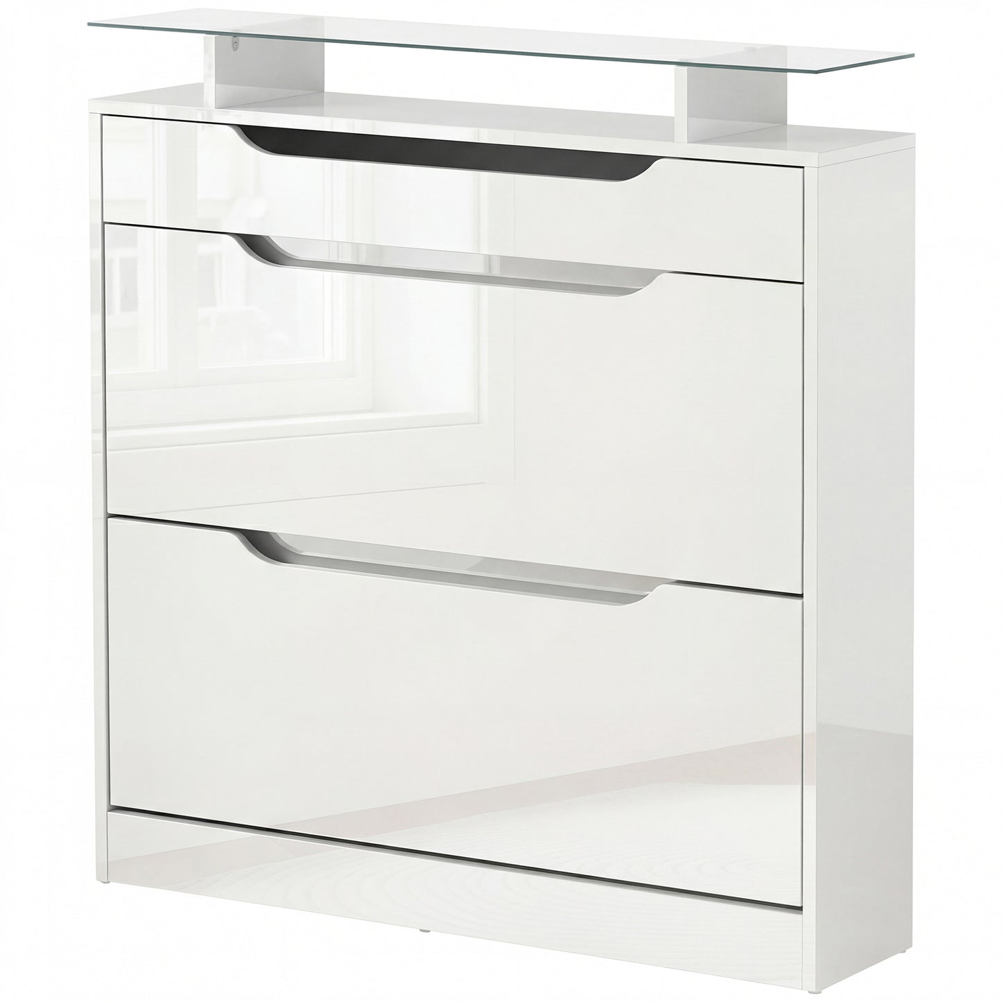 High Gloss Shoe Cabinet with 2 Flip Drawers and Adjustable Shelves, Narrow Shoe Storage Cabinet with Glass Top, White