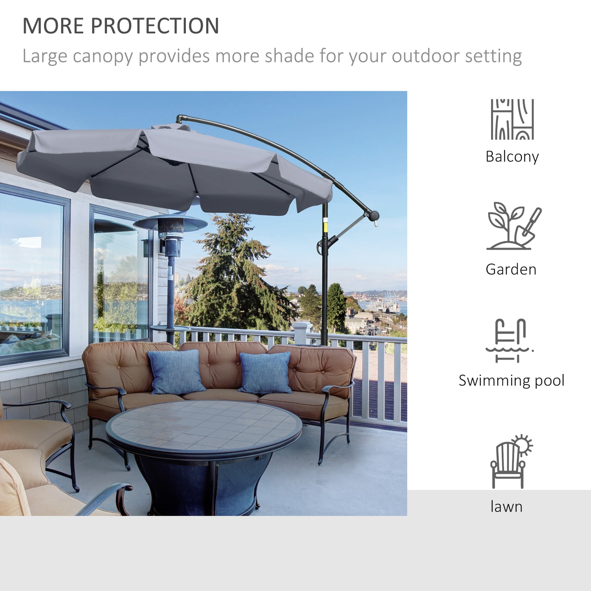 9FT Offset Hanging Patio Umbrella Cantilever Umbrella with Easy Tilt Adjustment, Cross Base and 8 Ribs for Backyard, Poolside, Lawn and Garden, Dark Grey
