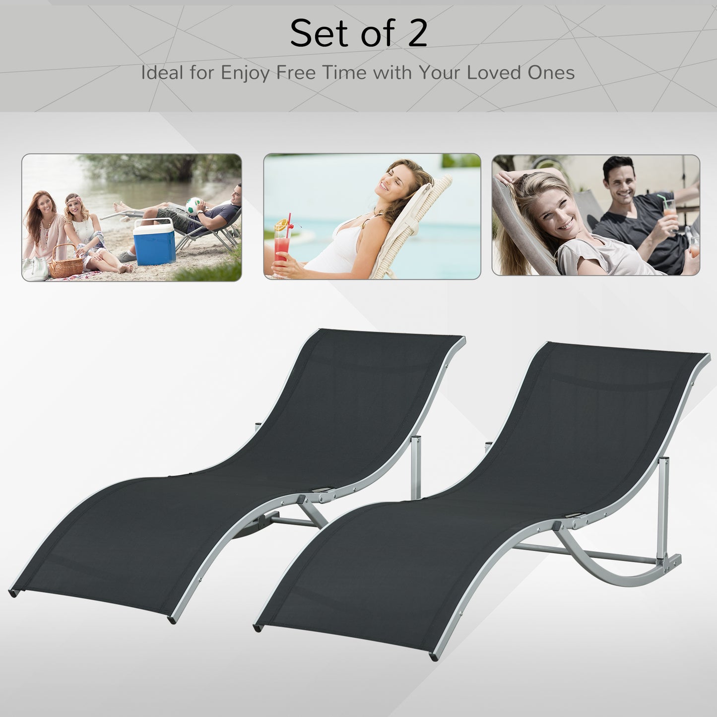 Pool Chaise Lounge Chairs Set of 2, S-shaped Foldable Outdoor Chaise Lounge Chair Reclining for Patio Beach Garden With 264lbs Weight Capacity, Black
