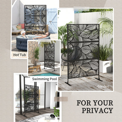6.5FT Decorative Outdoor Divider, Metal Privacy Screen with Stand, Leaf Style, Black