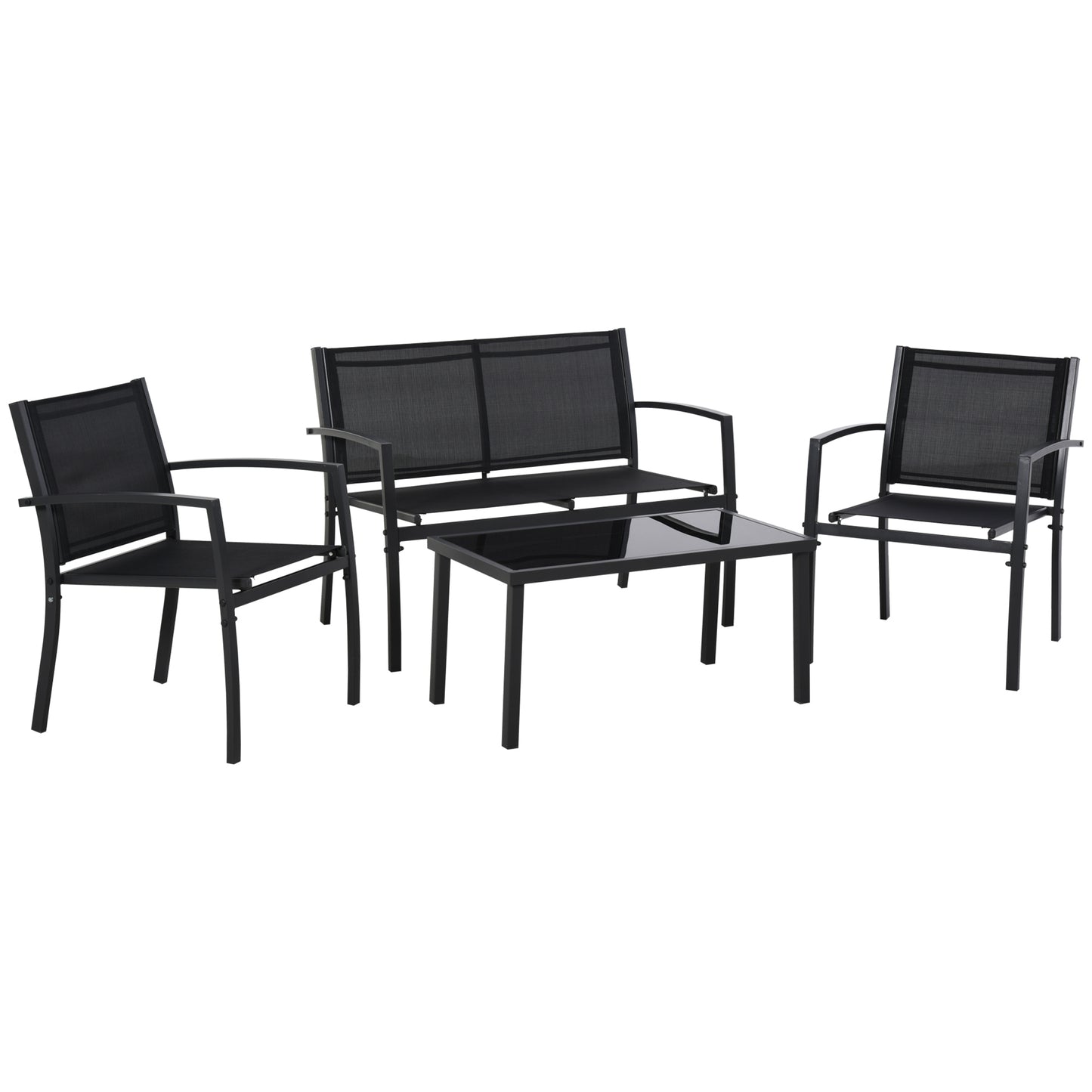 4-Piece Patio Furniture Set with Glass Top Coffee Table, Breathable Mesh Seat & Backrest for Garden, Balcony, Black