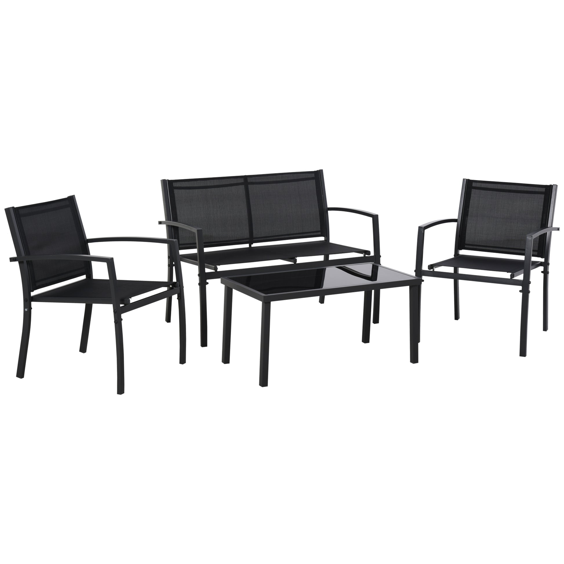 4-Piece Patio Furniture Set with Glass Top Coffee Table, Breathable Mesh Seat & Backrest for Garden, Balcony, Black