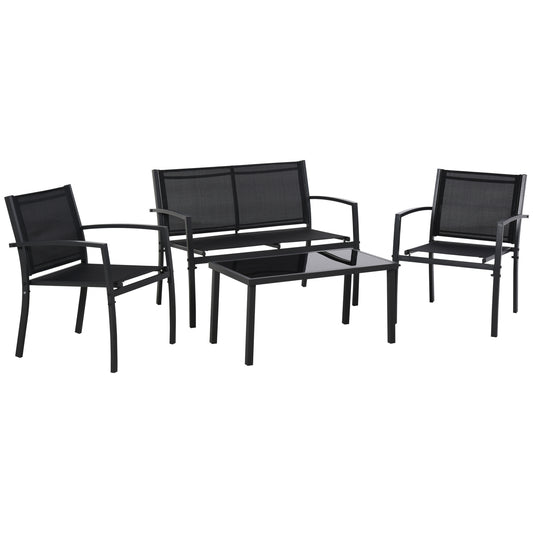 4-Piece Patio Furniture Set with Glass Top Coffee Table, Breathable Mesh Seat & Backrest for Garden, Balcony, Black