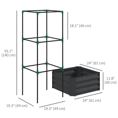 Galvanized Planter Box, Outdoor Raised Garden Bed with 3-Tier Trellis Tomato Cage for Climbing Vines, Vegetables, Grey