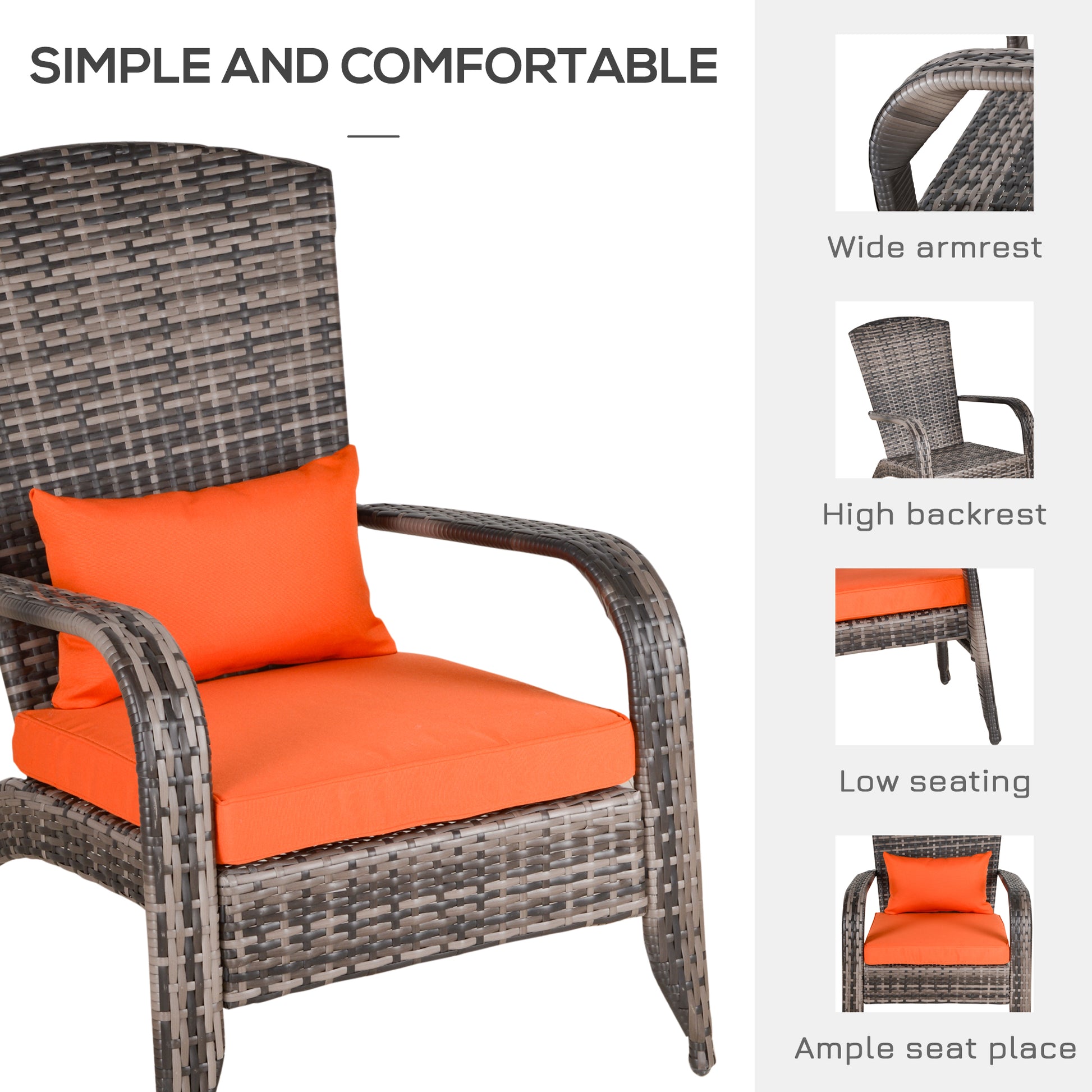 Patio Wicker Adirondack Chair, Outdoor PE Rattan Fire Pit Chair, Muskoka Chair w/ Soft Cushions, Tall Curved Backrest and Comfortable Armrests for Deck Garden, Orange