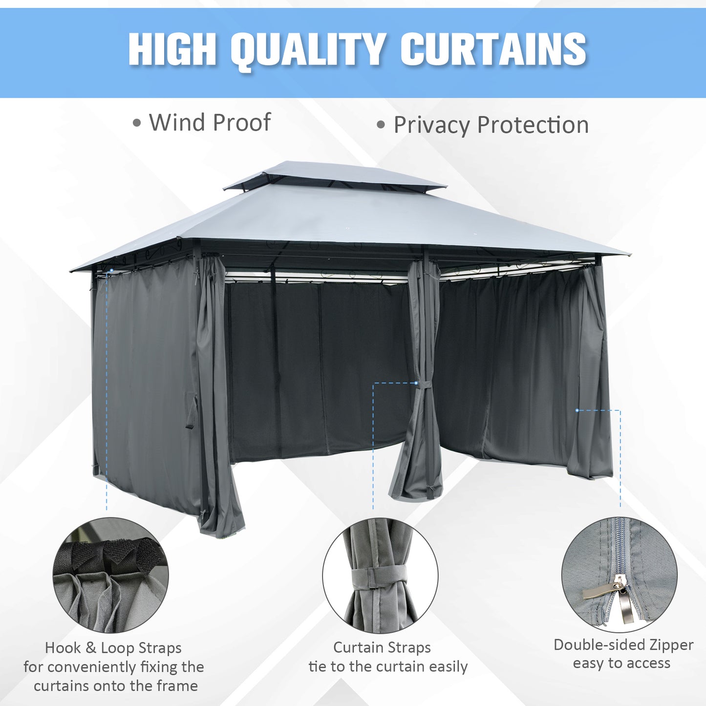 13'L x 10'W x 8.7'H Patio Gazebo Outdoor 2-Tiers Garden Canopy Yard Sunshade Shelter with Curtains, Grey